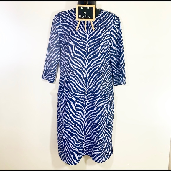 J. MCLAUGHLIN Zebra Print Stretch Dress Blue White Size Large